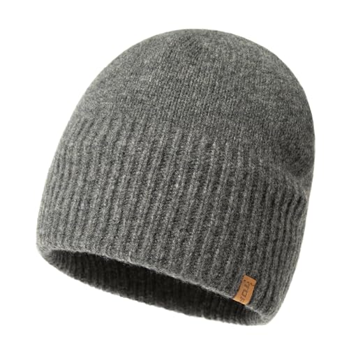 TOP-EX XL/XXL 100% Merinowolle Beanie Mütze, Wintermuetze Herren Damen, Fisherman Beanie Trawler Mütze, Strickmuetze, Warme Fleece Futter Grau XL/XXL