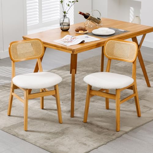 Ya-Home Esszimmerstühle 2er Set Kunstfell Küchenstühle mit Rückenlehne Akzentstühle Rattan Polsterstuhl mit Massivholzbeinen für Esszimmer/Wohnzimmer/Küche, Beige