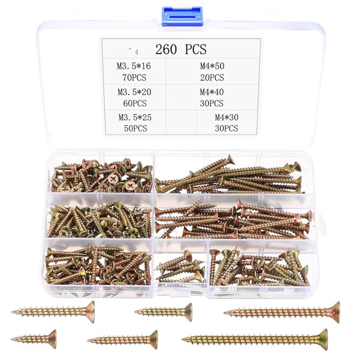 260 Stück Universalschraubenset, Holzschrauben Set, Flachkopf Senkkopfschrauben Sortiment, Kreuzschlitz Schraubensortiment, Selbstschneidende Schrauben für Mauerwerk Möbel Holz