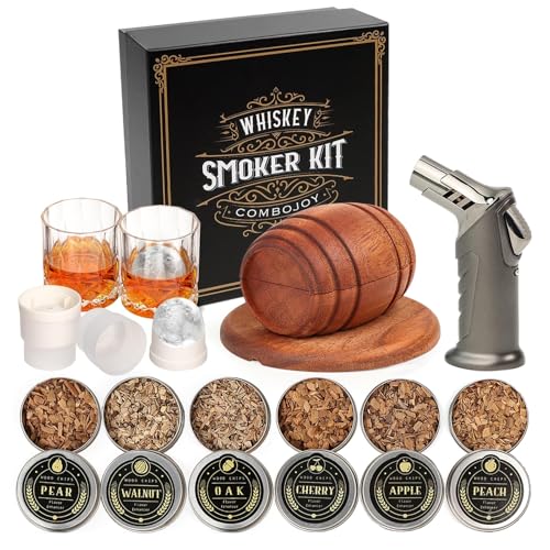 Whiskey Smoker Kit with Torch,6 Flavors Wood Chips, 2 Glasses, 2 Ice Ball Molds,Cocktail Smoker Infuser Kit, Old Fashioned Drink Smoker Kit, Husband , Boyfriend (Without Butan)