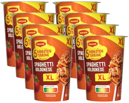 MAGGI 5 Minuten Terrine XL Spaghetti Bolognese, leckeres Fertiggericht, Instant Nudeln, mit Hackfleisch, 8er Pack (8 x 81g)
