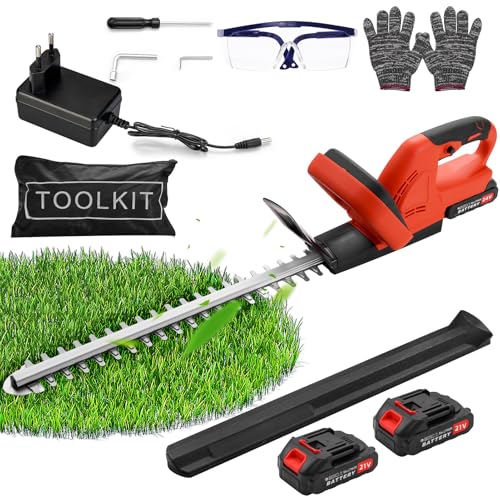 Akku Heckenschere Profi Hecken 21V, Elektro Heckenschere mit akku, 51cm Schnittlänge, 17mm Zahnabstand Dual Schnittklingen, Akku Grasschere Strauchschere für Hohe Hecken