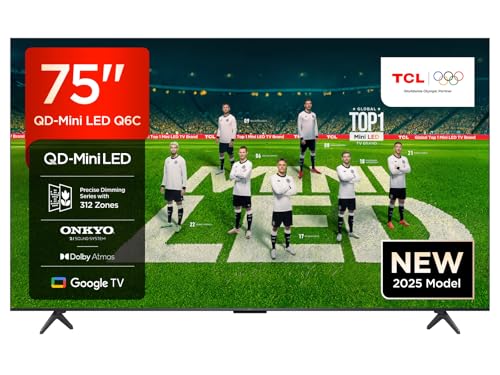 TCL 75 Zoll 75Q6C QLED Mini LED Fernseher, 4K HDR Premium, Dolby Vision IQ & Atmos, Onkyo 2.1, Smart Google TV, Game Master, 144Hz Motion Clarity Pro, AMD FreeSync Premium Pro, HDMI 2.1, AirPlay 2