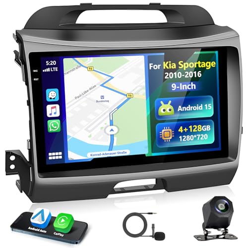 Motorsi 4+128G Autoradio für Kia Sportage 2010-2016 mit Kabellosem Carplay/Android Auto, 9“ Android Touchscreen GPS Navigation/WiFi/USB/FM/RDS/SWC/Canbus/Bluetooth/EQ+AHD Kamera+Mic