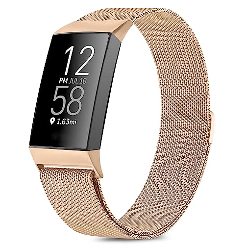 Tobfit für Fitbit Charge 4 Armband, Fitbit Charge 3 Armband für Herren Damen, Metall Verstellbarer Edelstahl Handgelenk Ersatz Armband Kompatibel für Fitbit Charge 4/Fitbit Charge 3(Small,Roségold)