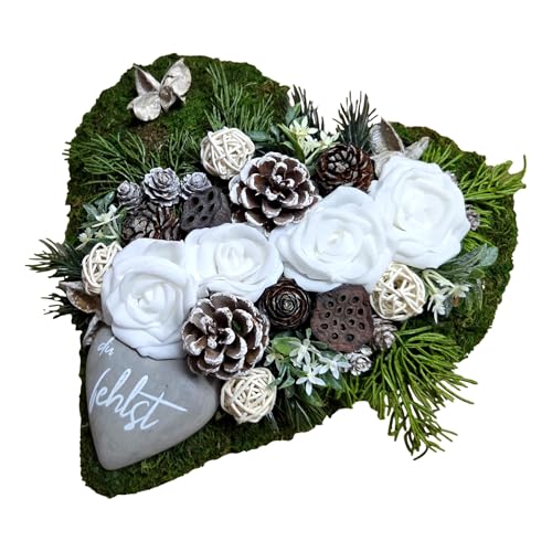 Der kleine Dekoladen Grabgesteck mit Weißen Rosen, Künstlicher Wetterfester Grabschmuck aus Moos, 30cm Herz-Form, für Allerheiligen und Totensonntag