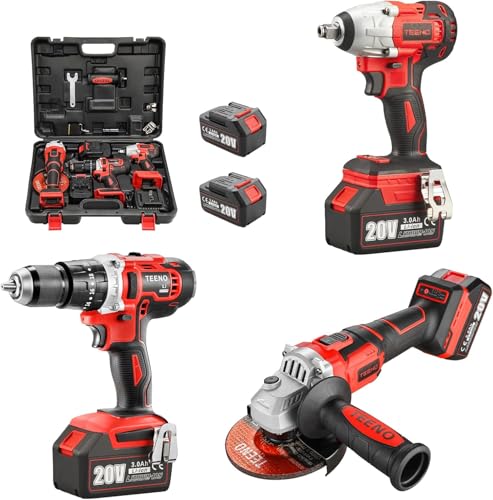 TEENO Werkzeugsatz 3-teilig (bürstenloser Akku-Schlagschrauber + Schlagbohrmaschine + bürstenloser Winkelschleifer) 20V 2 x 3Ah Batterie