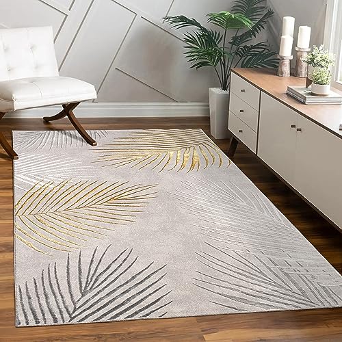 Paco Home Teppich Wohnzimmer Schlafzimmer Moderner Kurzflor glänzendes Palmen-Muster Florales Design Geometrisch Hoch-Tief-Effekt 3D, Grösse:80x150 cm, Farbe:Gold