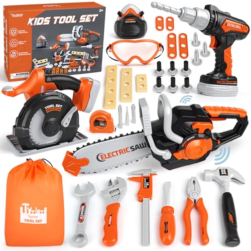 Vanplay Werkzeugkoffer Kinder Spielzeug ab 3 Jahre Werkzeug Kinder mit Motorsäge, Elektrische Bohrmaschine,Kreissäge, Kinderspielzeug ab 3 4 5 6 Jahre