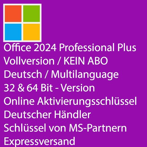 Lizenz für Microsoft Office 2024 Professional Plus Key | VOLLVERSION/KEIN ABO | 32 & 64 Bit |1 PC/NOTEBOOK | Online Aktivierungsschlüssel | EXPRESSVERSAND