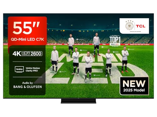 TCL 55C7K QD-Mini LED Fernseher, 55 Zoll, 4K HDR Premium, Dolby Vision IQ & Atmos, Smart TV mit Google TV, 144Hz, HDMI 2.1, AMD FreeSync Premium Pro, AirPlay 2, Google Assistant