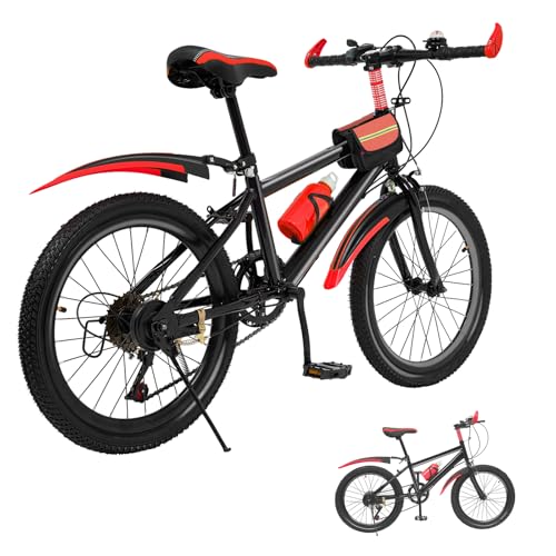 DIFU 20 Zoll Kinderfahrrad | 7-Gang Fahrrad | Kohlenstoffstah & Aluminiumlegierung | Mädchen Jungen Mountainbike mit Schutzblech | Upgraded mit Wasserkocher + Wasserkocherhalterung | Rot