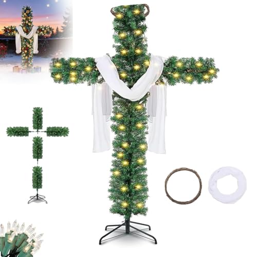 Kreuz Weihnachtsbaum, Faltbarer Weihnachtsbaum, Beleuchtetes künstliches Kiefern-Weihnachtskreuz, für den Außenbereich, Funkelnde Weihnachtsbäume, mit LED-Licht und Seidenschal (180CM)