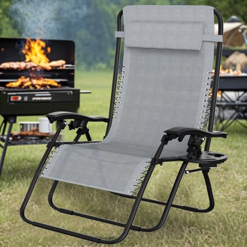 Soontrans Sonnenliege Klappbar, Gartenliege Wetterfest, Liegestuhl Garten mit Nackenkissen Getränkehalter Seitentasche, Strandliege Verstellbare Rückenlehne, aus Stahl & Textilenebezug (Grau)