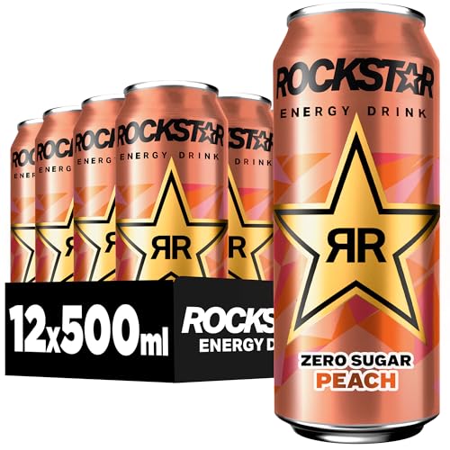 Rockstar Energy Drink Peach Geschmack - Zero Sugar - Koffeinhaltiges Erfrischungsgetränk ohne Zucker für den Energie Kick, EINWEG (12 x 500ml) (Verpackungsdesign kann abweichen)