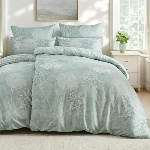 Qucover Bettwäsche 135x200 4teilig, Blumen Salbeigrün Bettwäsche Sets mit 2 Kissenbezüge 80x80cm, Mikrofaser Bettwäsche Aesthetic mit Reißverschluss,Bettbezug Landhausstil mit Blätter Blumen Pflanzen