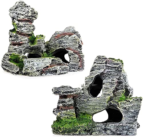 CHJIEJIE 2pcs Aquarium Rock Cave Dekoration mit Grün Gras für Fische Garnelen Verstecken Aquarium Dekoration Harz Aquarium Zubehör,Aquarium Harz Höhle Mountain View, 11 x 9 x 11 cm, 10 x 5,5 x 10 cm.