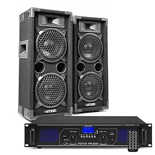 MAX26 PA Anlage Komplett Set, 1200 Watt DJ Boxen Set Lautsprecher mit Verstärker und Kabel, Lautsprecherset, Karaoke Set, Soundanlage, Musik Boxen, PA Komplett Set - Schwarz