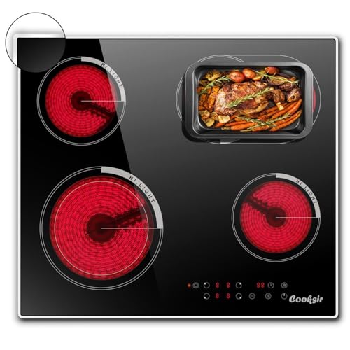 Cooksir Glaskeramikkochfeld mit Rahmen, Einbau 4 Kochfelder, Duale und Ovale Zonen fur Gril, Kochfeld Autark 59cm, 6700W, Sicherheitsschloss, Kein Stecker