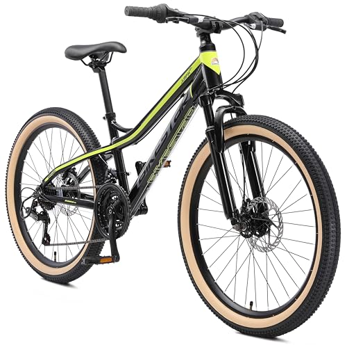 BIKESTAR Alu Mountainbike Jugendfahrrad 24 Zoll ab 9-14 Jahre Hardtail | 21 Gang Shimano Schaltung, Scheibenbremse, Federgabel | Kinder Fahrrad Schwarz & Grün | Risikofrei Testen