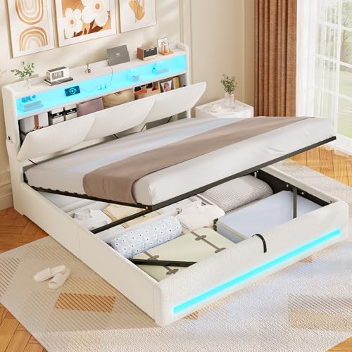 AOGLLATI Polsterbett 140×200 mit Steckdosen und LED-Beleuchtung, Doppelbett mit Stauraum Kopfteil, Bett 140×200 mit Hydraulische Metallrahmen und Lattenrost aus Holz, Bouclé, Beige（Ohne Matratze）