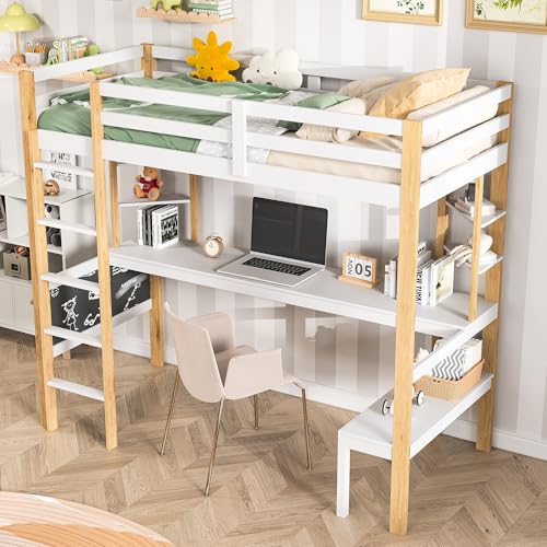JYNVO Hochbett 90x200 cm mit Schreibtisch und Bücherregal, Aus Kiefernholz und MDF, Kinderetagenbett mit Sicherheitsgeländer, Hochbett mit Lattenrost, Weiß