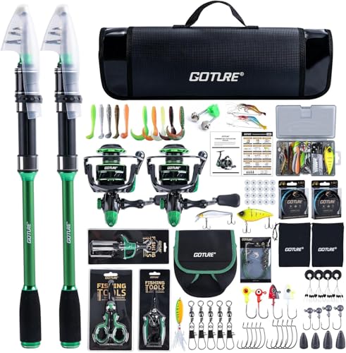 Goture Angelset Komplett (24T Carbon), 2 Teleskop-Brandungsrute aus Kohlefaser & Spinnrolle mit 9+1 gekapselten Kugellagern, inkl. Angelwerkzeuge, Rollentasche - Professionelles Angeln im Salzwasser