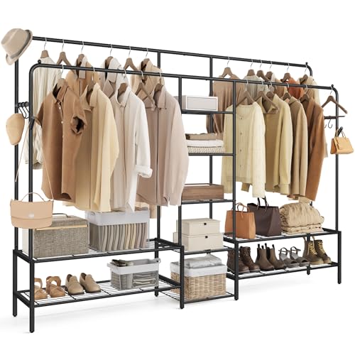 SONGMICS Kleiderständer, offener Kleiderschrank, Garderobenständer mit 9 Ablagen, Metallrahmen, Kleiderstange, für Schlafzimmer, Wohnzimmer, Eingangsbereich, schwarz HSR183B01