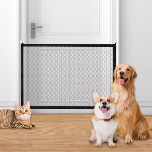 Absperrgitter Hund Treppenschutzgitter Ohne Bohren, Treppenschutzgitter Ausziehbar, Türschutzgitter Ohne Bohren 110×70CM, mit 4 Klebehaken, geeignet für den Innen- und Außenbereich