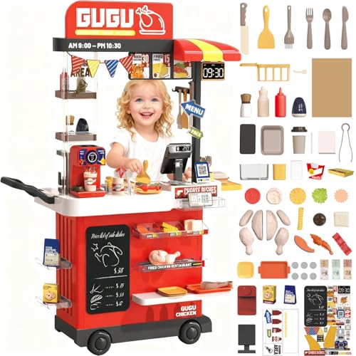 deAO Groß Kinderküche mit Licht Ton Wasser Dampf, Küchenspielset für Kinder, 88 Stck Spielküche Küchenset mit Kaffeemaschine, Registrierkasse, Spülbecken, Grill, Geschenk für 4-10 Jahren (Rot)