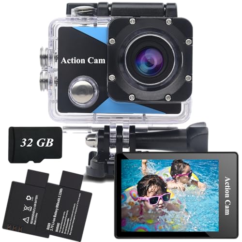 Nvgfelis Action Cam FHD 1080P mit 32GB Speicherkarte, Unterwasserkamera wasserdicht bis 30M, Actionkamera mit 2×900 mAh wiederaufladbare Akkus und Zubehör-Set(1080P＋32GB)