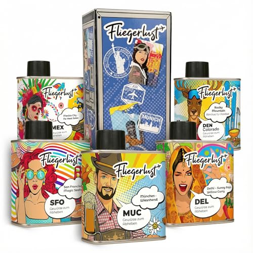 Fliegerlust 5er Geschenkset mit Gewürzmischungen aus aller Welt | Gewürzbox für Reisefans, Kochgeschenke & Weihnachten – BBQ, Cajun, Mexiko, Bayern & Indien