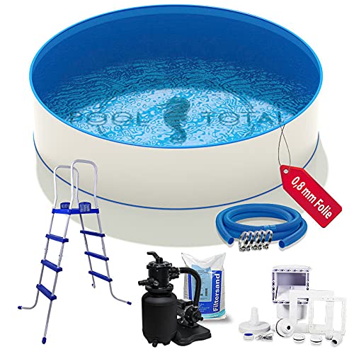 POOL Total Rundpool-Set Komfort+ Ø2,50 x 1,20m Folie 0,8mm/ Stahlwandpool Stahlrahmenbecken Swimmingpool inkl. Sandfilteranlage, Sand, Skimmer-Set, Schlauch und Leiter