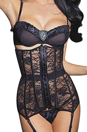 KUOSE Damen Unterbrust Lace Up Waist Cincher Taillen Corsage Korsett Schwarz, Schwarz, 3XL(Eur42-44)(Taille:83-87)