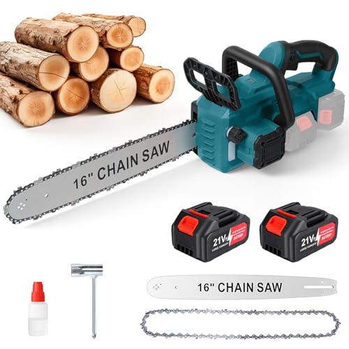 16 Zoll Akku-Kettensäge, 1800W bürstenlosem Motor, 2 Akku, automatischer Kettenschmierung und Kettenbremse Zum Fällen, Leistungsfähige Säge für Gartenbäumen Astschere Holzschneiden (Blau)