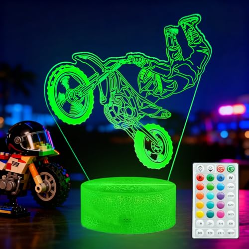POSSHE Dirtbike-Geschenke, Motorrad-Nachtlicht – Motorrad-Geschenke für Jungen, 3D-Illusionslampe mit 16 Farbwechseln, Fernbedienung mit Timer, dimmbar, Dekoration für Kinder- und Männerzimmer
