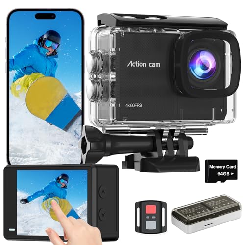 TIMNUT Touchscreen 4K60FPS Action Cam, Unterwasserkamera mit 64G SD Karte 48MP HD WiFi Kamera mit EIS 40M Wasserdicht Actionkameras Weitwinkel 8X Zoom,Sportkamera mit 2 * 1350 mAh Akkus