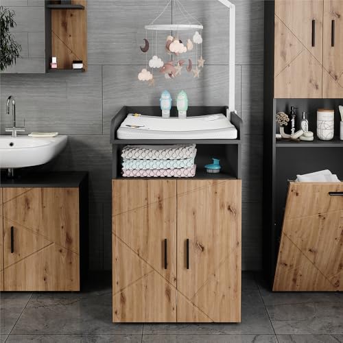 Vicco Wickelkommode Irma, Anthrazit/Artisan, 60 x 97 cm mit Wickelaufsatz