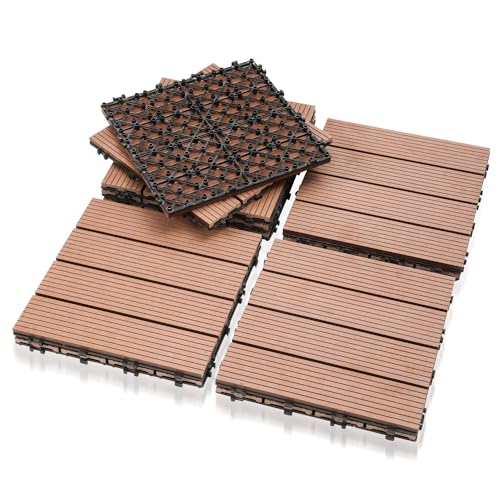 Jiubiaz WPC Fliesen, 30x30cm 66er für 6m² WPC Terrassenfliesen Balkon Bodenfliese mit Klick-System, Terrassendielen Wetterfest mit Drainage, Einfach zu installieren, Braun