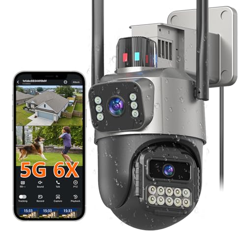 5G Kamera Überwachung Aussen,6MP Dual Objektiv Überwachungskamera Aussen, IP66 AußenSicherheitskamera Outdoor mit Automatische Nachverfolgung, Nachtsicht, 24/7 Aussenkamera, 2 Audio, SD/Cloud