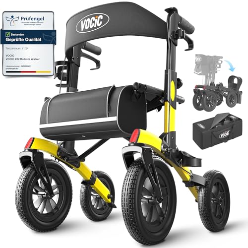 VOCIC Rollator Faltbar und Leicht mit Sitz,Outdoor Rollator mit Gummi-Nonluftbereifung für Allen Gelände,Aluminium Höhenverstellbare Rollatoren für Draußen&Langlauf&Reisen,Gelb(5 Jahre Support)