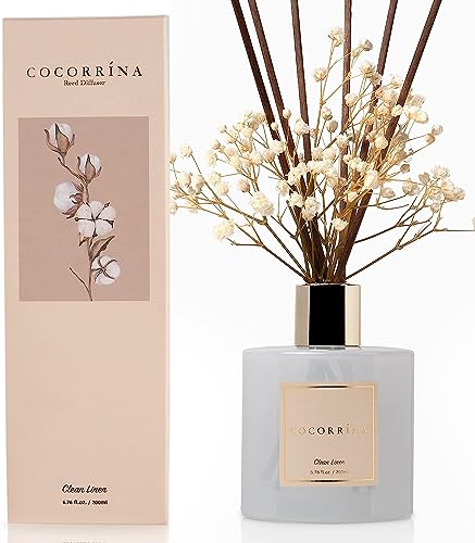 COCORRÍNA Raumduft Reed Diffuser mit 8 Duftstäbchen 200ml- Sauberes Leinen, Natürlich, Langanhaltend, Home Duft ätherisches Öl Reed Diffusor für Badezimmer Regal Dekoration