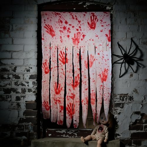 JIAWWAN Halloween Türvorhang, 2 Stück Blutiger Horror Türvorhang, 100 x 165cm Blutiges Tuch Türdeko mit 1 Blatt Nano Klebesticker, Weiß Spukhaus Türvorhangs für Halloween Party Innen Outdoor Dekoratio