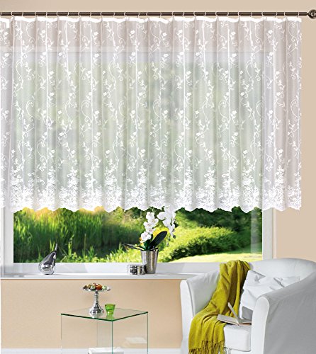 Gardine Store Jacquard Mainz HxB 145x300 cm Kräuselband Universalband Weiß Blumenmuster Transparent Vorhang Wohnzimmer, 13144