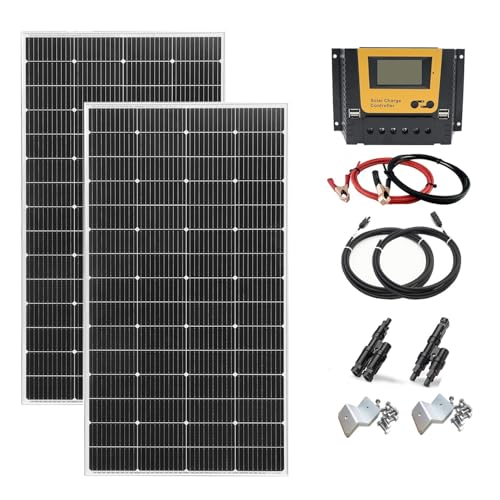 Solarpanel 400W Set Kit 12V, 2 x 200 Watt Solarmodul mit 60A Laderegler, Solaranlage Wohnmobil Komplettset Wohnwagen 12v für Batterien Häuser Balkon Flachdach Camping Camper