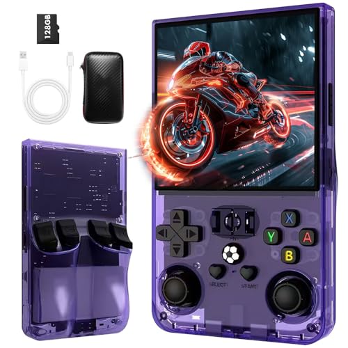 R36MAX Retro Handheld Spielkonsole, 4-Zoll-IPS Retro Konsole, Tragbare Game Console 128 GB Speicher, 22.000 Spiele & 30 Gängige Emulatoren, Linux-System, 4000 MAH Akku, Mini-Arcade (Lila)