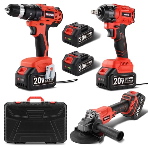 TEENO Werkzeugsatz 3-teilig (Bürstenloser Winkelschleifer + Bürstenloser Schraubenschlüssel + Schlagbohrer) 20 Volt Akku 3Ah*2, geeignet für Auto & Haushalt