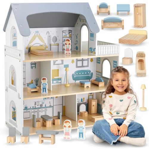 Mamabrum Holzpuppenhaus 3-Etagen mit Möbeln & Zubehör - Sicherheitsgeprüftes Kinderspielhaus für Rollenspiele - Puppenhaus mit Schlafzimmer, Wohnzimmer, KüChe & Bad