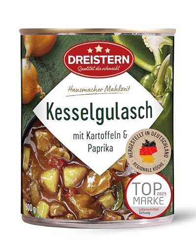 DREISTERN Kesselgulasch 800g I Mit Kartoffeln & Paprika I Herzhaftes Fertiggericht in recyclebarer Konservendose I Lange Haltbarkeit dank natürlicher Konservierung I Hausmacher Qualität