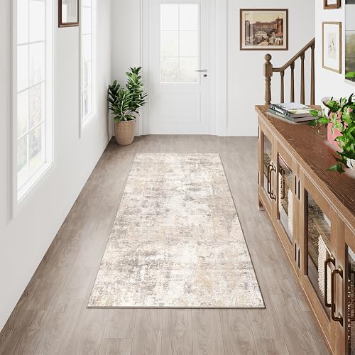 HUGEAR Waschbarer LäUfer Teppich Flur 60 x 180cm Beige Grau Modern Abstrakt Küchen Wohnzimmer Schlafzimmer Teppiche TeppichläUfer rutschfest Kurzflor Weich FlurläUfer TeppichläUfer Bettvorleger